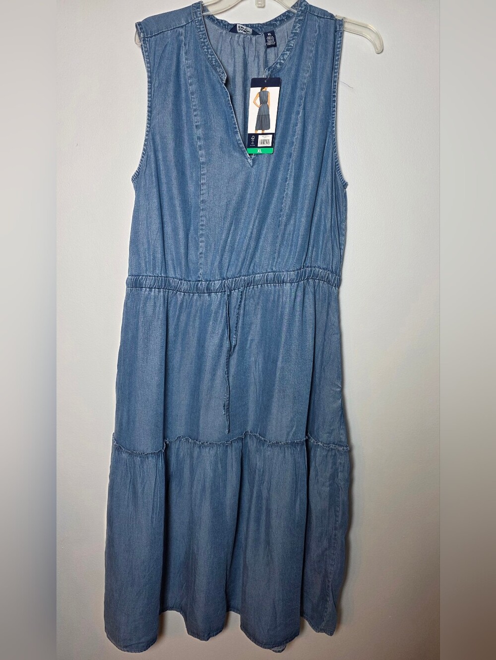 Lands' End Sz XL Lyocell Sleeveless Midi Dress Denim Tiered Drawstring Waist